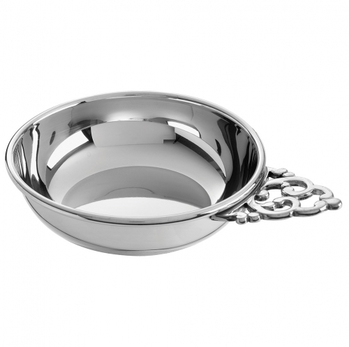 LVH Baby Porringer Traditional Handle 4\ 4″ bowl diameter, 5 3/4″ wide incl. handle
Pewter

Pewter Care:  

Wash your pewter in warm water, using mild soap and a soft cloth. Dry with a soft cloth. Your pewter should never be exposed to an open flame or excessive heat. Store your pewter trays flat, cups upright, etc. to prevent warping. Do not wrap pewter in anything other than the original wrapping to prevent scratching. Never wrap pewter in tissue paper, as fine line scratching will occur. Never put pewter in a dishwasher. Hand wash only.
